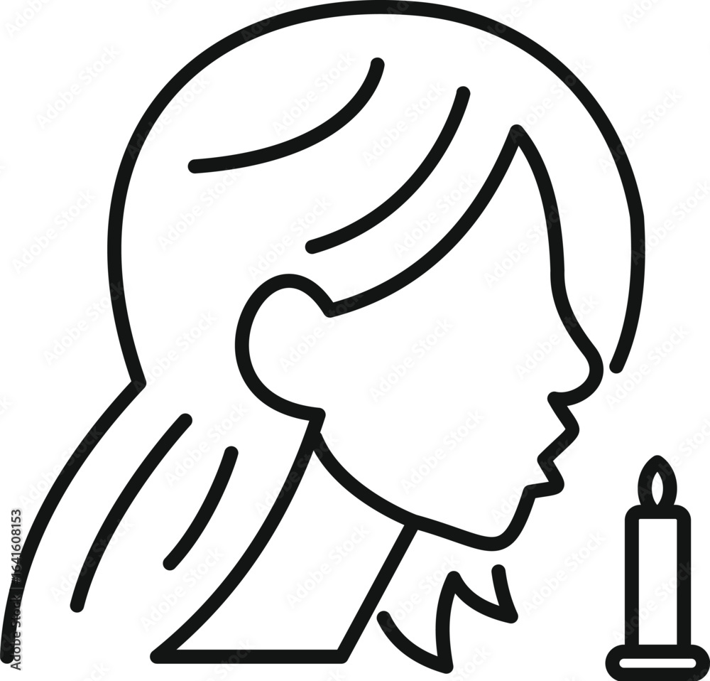 Obraz premium Simple line drawing of a female profile blowing out a candle flame, symbolizing hope, wishes, or remembrance