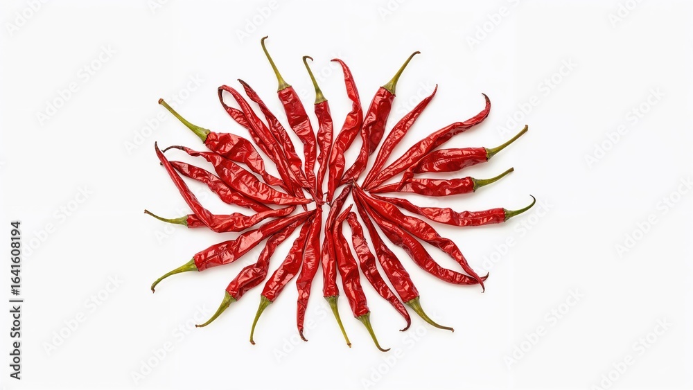 Obraz premium Top-down perspective of red dried chili peppers isolated on white