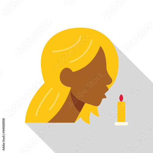 Profile of a blonde woman blowing out a candle in a simple flat design style with a long shadow