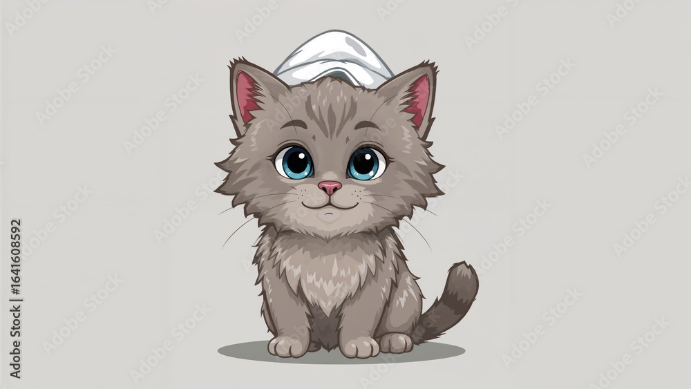Obraz premium Happy gray tabby cat looking playful and clean, big blue eyes shining, towel draped around its head.