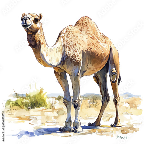 Bactrian Camel, watercolor vector, isolated on a white background.