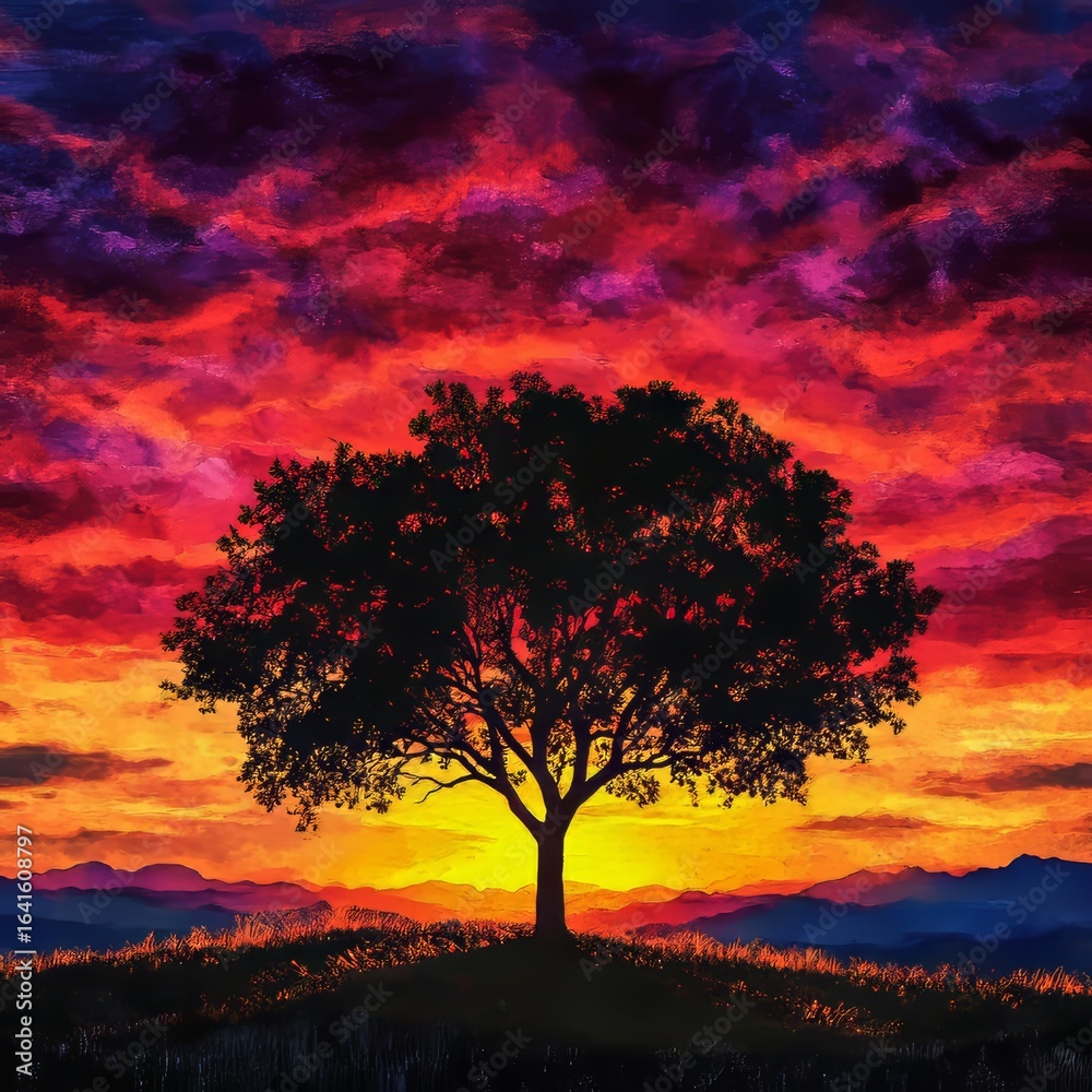 Obraz premium Ethereal Sunset Silhouette A lone tree silhouetted against a breathtaking colorful sunset dramatic and poetic