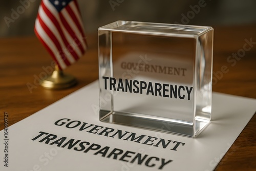 A close-up of a transparent block with the words Government Transparency inscribed on a piece of paper, accompanied by a small American flag, symbolizing governmental openness. 