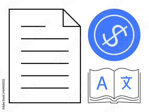 Sheet of paper, dollar sign in blue circle, open book with multilingual symbols. Ideal for finances, translation, education, global business, documentation, communication cross-cultural exchange