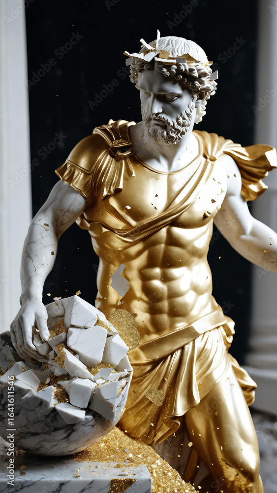 Obraz premium Luxury Marble Bust with Fragmented Gold Leaf Accents in Dramatic Lighting for Fine Art Exhibitions, High-End Interior Design, and Modern Classical Branding Concepts, Greek God, Stoic, Bodybuilding