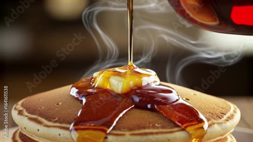 Steaming hot pancakes with melting butter and pouring golden syrup