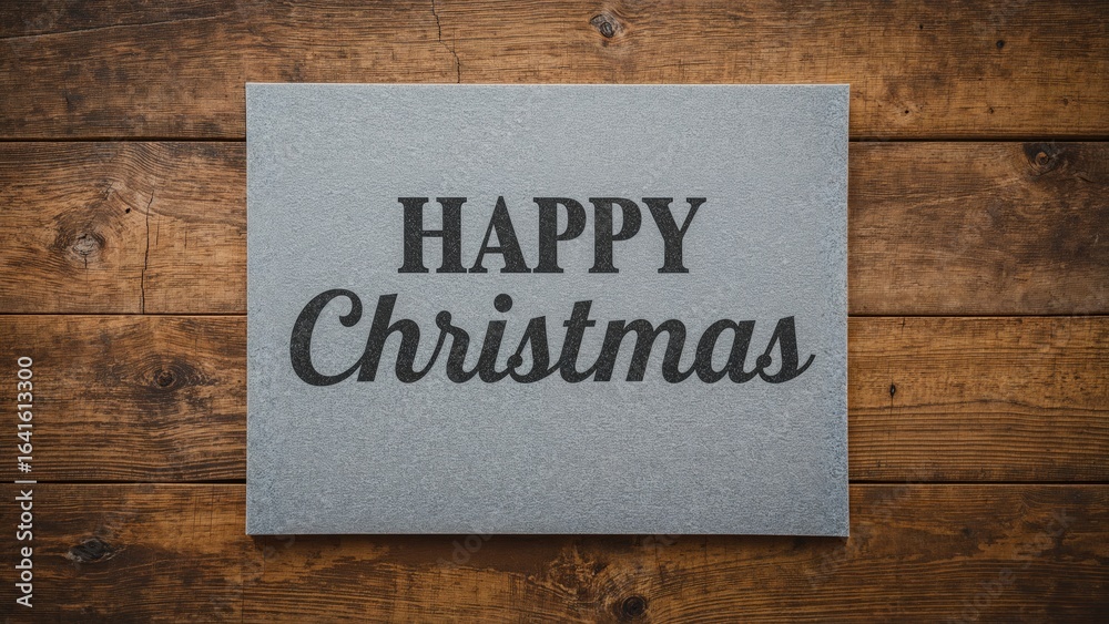 Obraz premium Felt board in gray showing Happy Christmas text with wooden wall behind