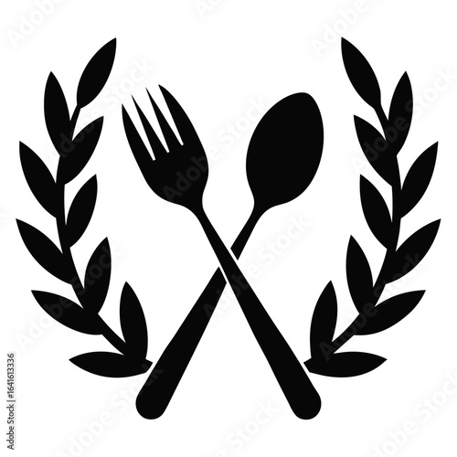 spoon-and-fork-with-laurel-wreath  Fork & Knife Emblem Triangle Node Black and White Pattern  icon line airt vactor outline Illustrations on white background