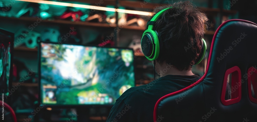 Obraz premium The young gamer immersed in a vibrant digital world at home.