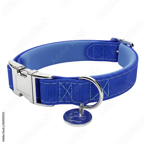 Blue fabric dog collar with metal buckle and paw print tag isolated on transparent background