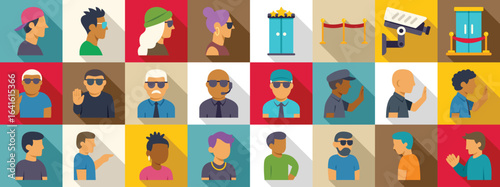 Face control party icons set. Diverse security personnel managing access, ensuring safety, and monitoring a vip area at a private event with visible surveillance cameras