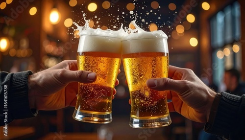 Closeup view of two glasses of beer in hands clinking together with foam splash in a lively pub