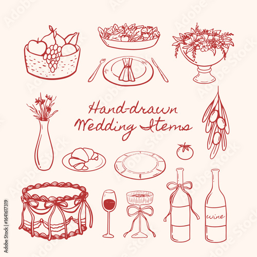 Set of hand drawn whimsical wedding elements. Vector illustration hand drawn wedding outline sketch for wedding invitation, cards, anniversary and party