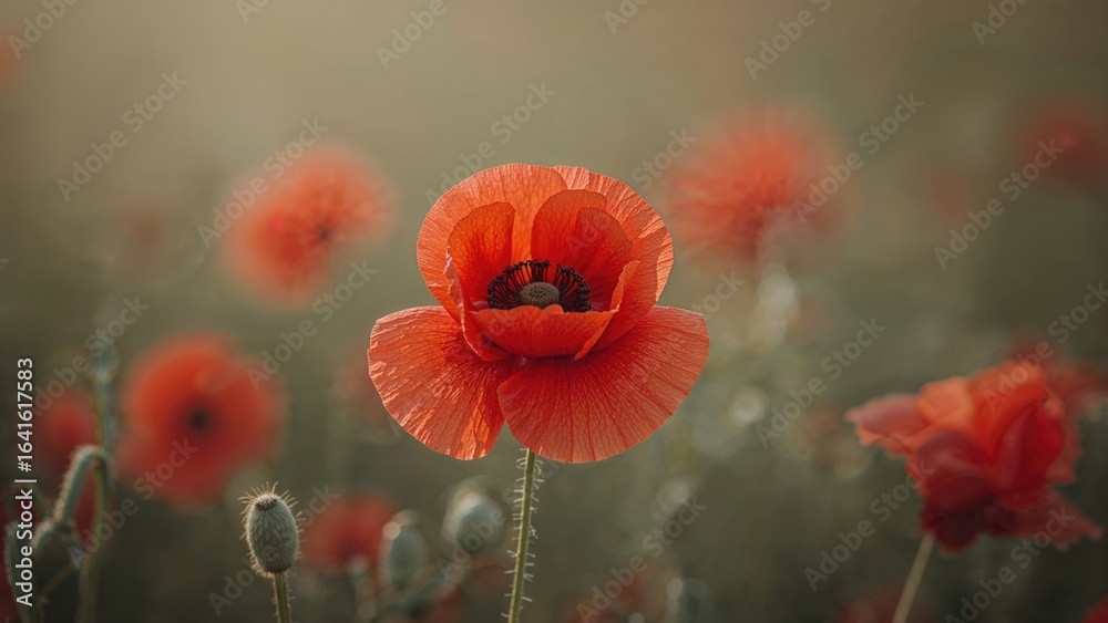 Obraz premium Lone crimson poppy against plain backdrop