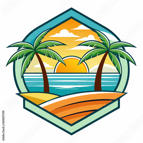 Vector art of hexagonal emblem depicting a tropical beach scene with two palm trees, a vibrant sunset, and the ocean with gentle waves
