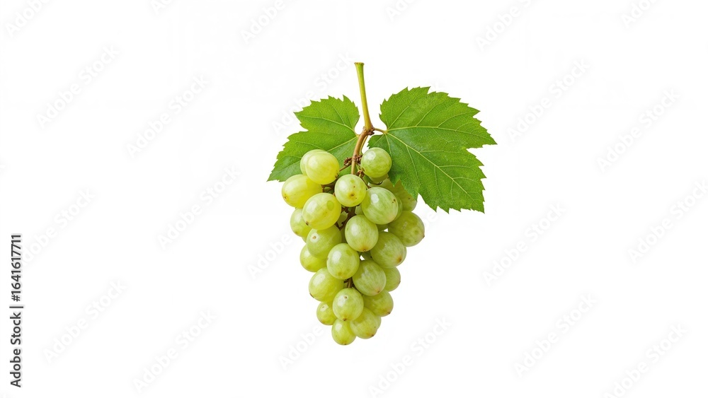 Obraz premium White background featuring green grapes and leaves, sharp throughout.