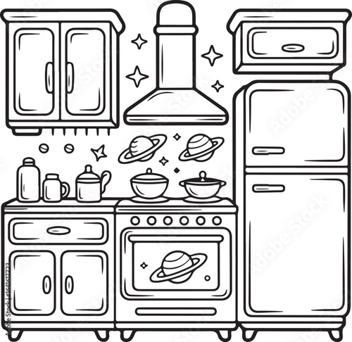 Space-Themed Kitchen Outline Icons Whimsical Cooking Space with Planet Decor