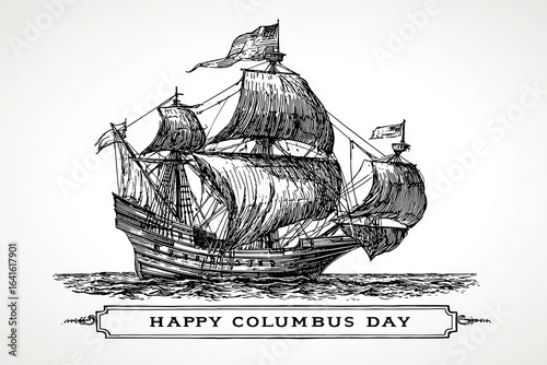Vintage illustration of a sailing ship for happy columbus day