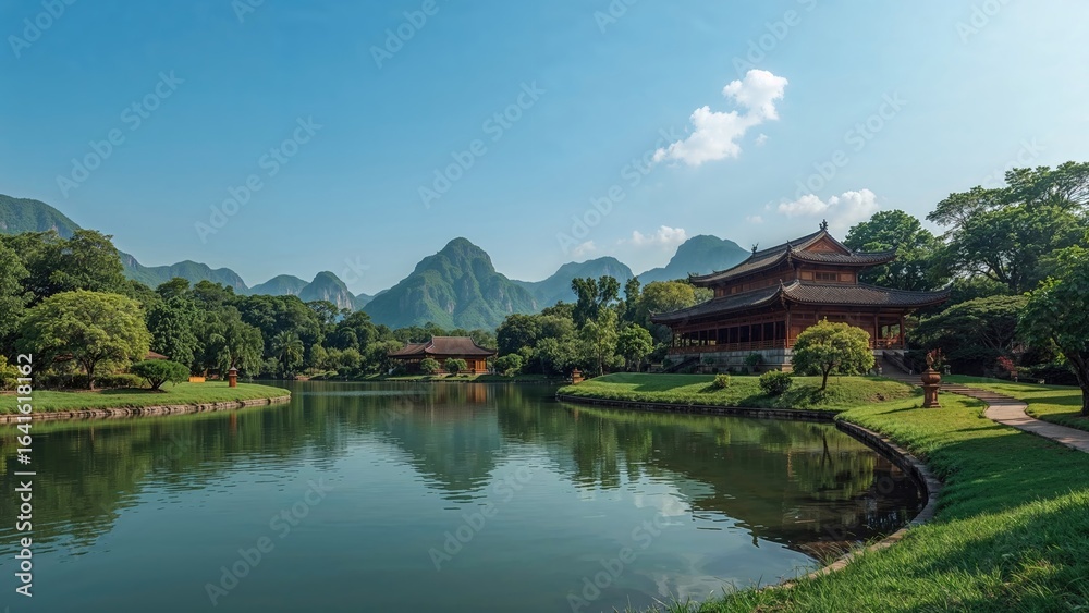 Fototapeta premium Natural landscape showcasing a garden, mountain, and water under a clear sky