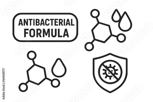 Antibacterial Formula Molecular Icon Set. Protection Shield, Microbe Free, Antimicrobial Chemistry, Disinfectant Drop, Germ Reduction Symbol, Hygiene Sign, Clean Packaging Label Art