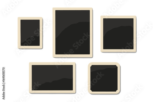 Vintage photo frame set with realistic shadows. Blank retro photography borders, isolated vector template on transparent background. Antique snapshot, square and rectangular picture frames layout.