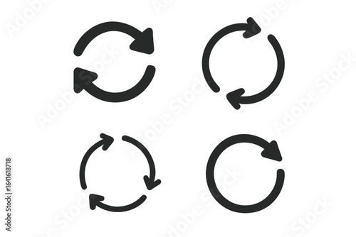 Circular arrow icons set. Refresh, repeat, update, reload, cycle, process, sync, rotate, motion, loop symbol. Black vector arrows. UI elements for web, app, infographic, isolated on white background.