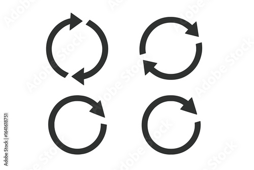 Circular arrows icon set symbolizing repetition, reload, refresh, and cycle processes with bold round vector shapes on transparent background for web and graphic design