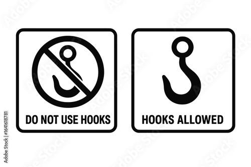 Vector set of cargo package handling signage. Do not use hooks symbol, hooks allowed icon, packaging cargo safety mark, shipping goods warning, container, logistics, warehouse, transport label.