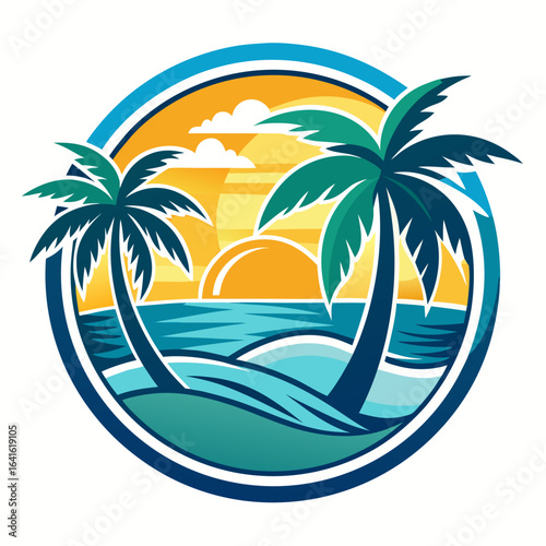 Wallpaper Mural Vector art of circular logo design showcasing a tropical beach scene with two palm trees, stylized waves, and a bright sun setting over the horizon Torontodigital.ca
