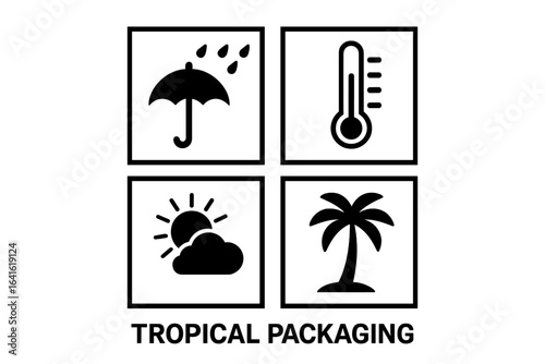 Tropical packaging handling symbols vector set. Cargo product storage icons: moisture, temperature, sunlight, palm. Black logistics pictograms for boxes, international shipping, freight marking