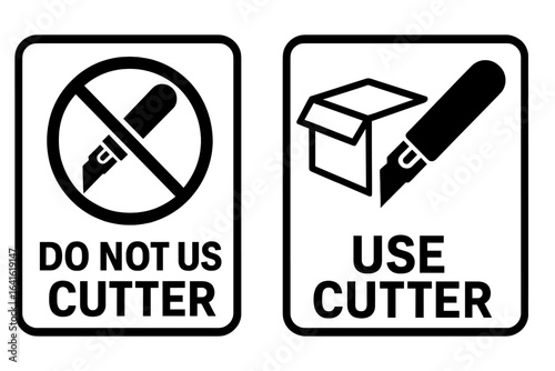 Packaging Safety Symbols Set. Cutter Knife Usage Signs. Warning and Instruction Labels for Cargo and Goods. Use and Do Not Use Cutter Icon. Shipping Box Handling Mark. Vector Illustration