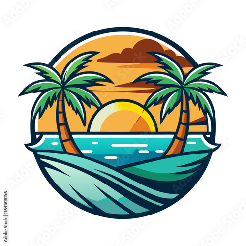 Vector art of tropical beach sunset with palm trees and ocean waves, a vibrant circular emblem representing a summer vacation paradise