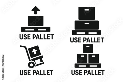 Set of warehouse cargo handling icons for packaging and distribution. Use pallet shipping symbols, logistics marking, stack and transport goods, industrial storage safety vector elements