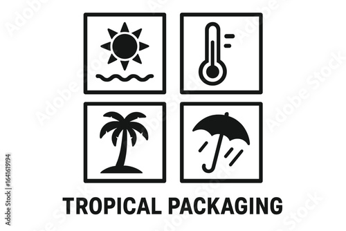 Tropical Packaging Handling Symbols Vector Set. Shipping Marking Icons for Cargo, Goods, Protection. Sun, Temperature, Palm, Umbrella Signs. Logistic Safety Elements. Editable Transparent Illustration