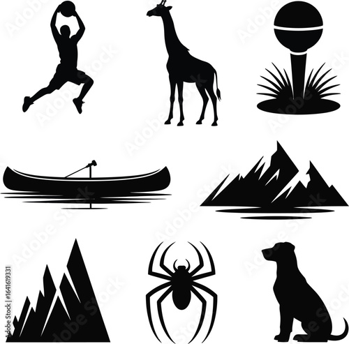 Collection of black silhouette icons including basketball player giraffe canoe mountains spider