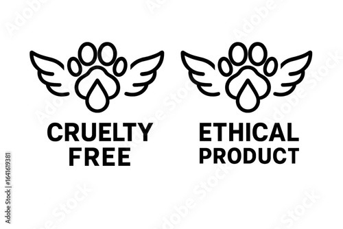 Cruelty free ethical product label — animal paw print icon with wing symbol, freedom from animal testing, humane, vegan, no animal abuse packaging, ethical logo, pet friendly certification