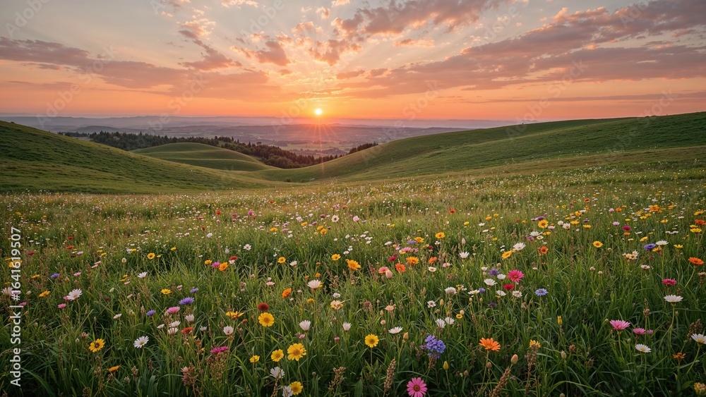Obraz premium Blurred view of a meadow featuring hills, blossoms, and a distant sunset