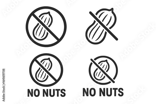 No nuts icon set, nut-free warning symbols, allergy safe product labeling, vector graphics for packaging, food allergy notification signs, transparent isolated background illustration