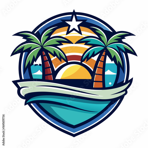 Vector art of tropical beach sunset scene with palm trees and ocean waves, emblem style