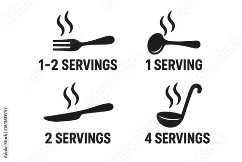 Food packaging and menu icons set for recommended servings. Cutlery, spoon, knife, ladle with steam and numerals. Vector symbols for portion labeling, meal size, restaurant, nutrition concept