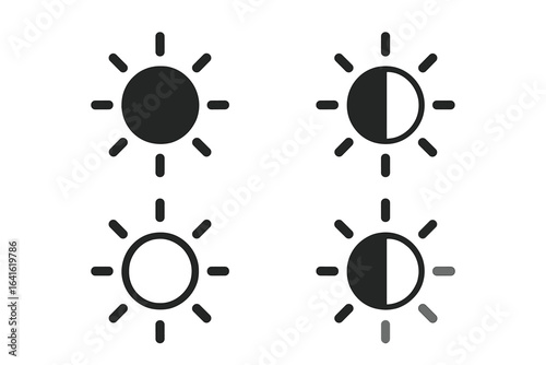 Brightness and contrast icon set. Sun symbol for screen light level adjustment. UI UX interface element for application, website, and electronic devices. Vector graphic.