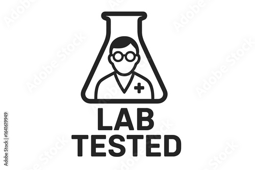 Medical research flask icon with glasses symbolizing lab-tested product packaging concept, doctor and laboratory assistant label design for healthcare, medical testing and scientific analysis