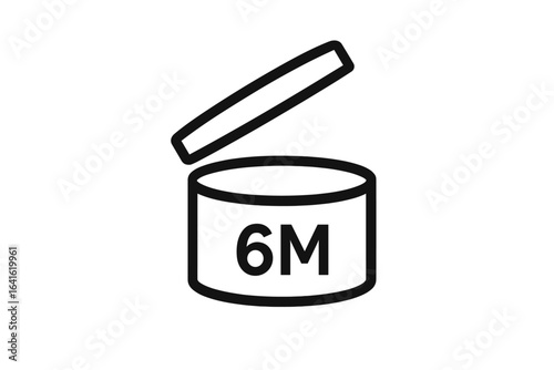 Open cosmetic jar shelf life icon, 6 month expiry symbol, product packaging concept, period after opening PAO indicator, skincare expiration date, beauty product usage, vector illustration