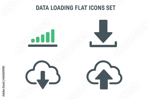 Data Loading Flat Icons Set, Downloading and Uploading Cloud Symbols, Web Files, Digital Transfer, Network Connection, Vector Elements on Transparent Background