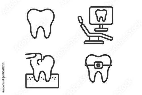 Modern outline dental icon set for dentist office, orthodontic treatment, tooth restoration, dental care, oral health, hygiene, orthodontist tools, braces, equipment, professional dentistry concepts