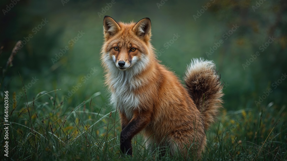 Fototapeta premium Wild fox standing and gazing ahead with confidence against a natural backdrop