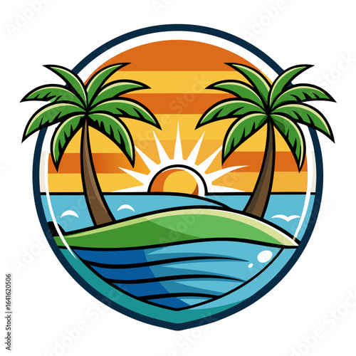 Vector art of vibrant tropical island sunset with palm trees and ocean waves, a serene paradise scene perfect for summer vacation and travel
