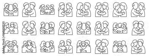 Team huddle icons set. Line art icons depicting people embracing, conveying feelings of love, friendship, and togetherness
