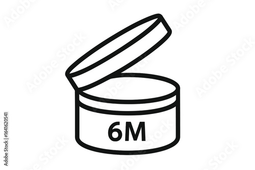 Cosmetic product packaging symbol. Open jar icon with 6M period after opening label. Shelf life indicator for skincare, makeup, personal care. Vector storage duration pictogram for beauty containers.