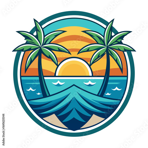 Vector art of stylized tropical island sunset with silhouetted palm trees and dynamic ocean waves, evoking a sense of paradise and summer escape